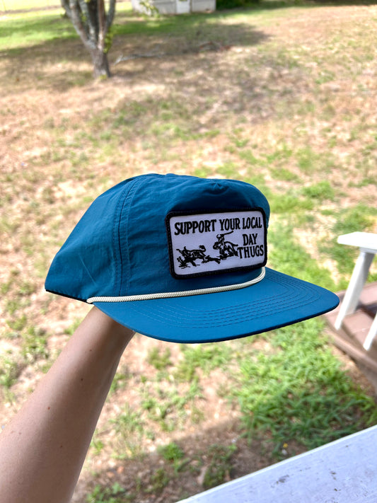 Blue-green with yellow rope